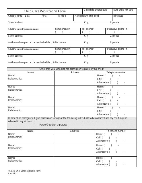 Child Care Registration Form - Washington