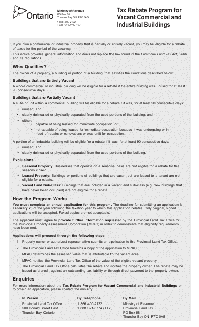 Application for Tax Rebate Vacancies in Commercial and Industrial Buildings Under Section 8 of the Provincial Land Tax Act, 2006 - Ontario, Canada