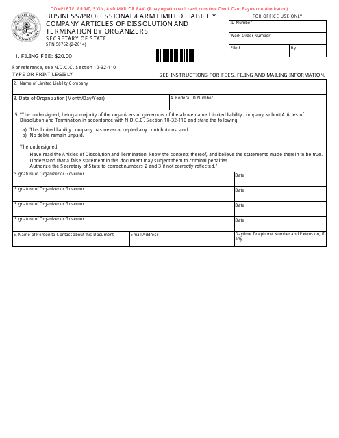 Form SFN58762 Business/Professional/Farm Limited Liability Company Articles of Dissolution and Termination by Organizers - North Dakota