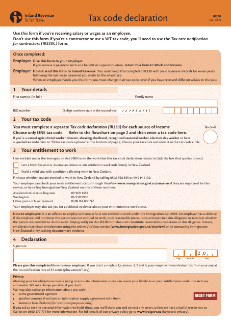 Form IR330 Tax Code Declaration - New Zealand