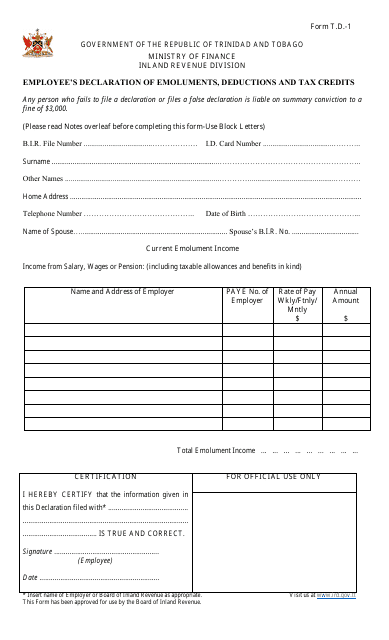 Form T.D.-1 Employee's Declaration of Emoluments, Deductions and Tax Credits - Trinidad and Tobago