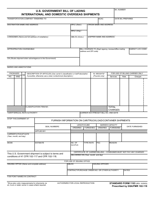 Form SF-1103 U.S. Government Bill of Lading International and Domestic Overseas Shipments