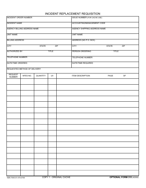 Optional Form 315 Incident Replacement Requisition