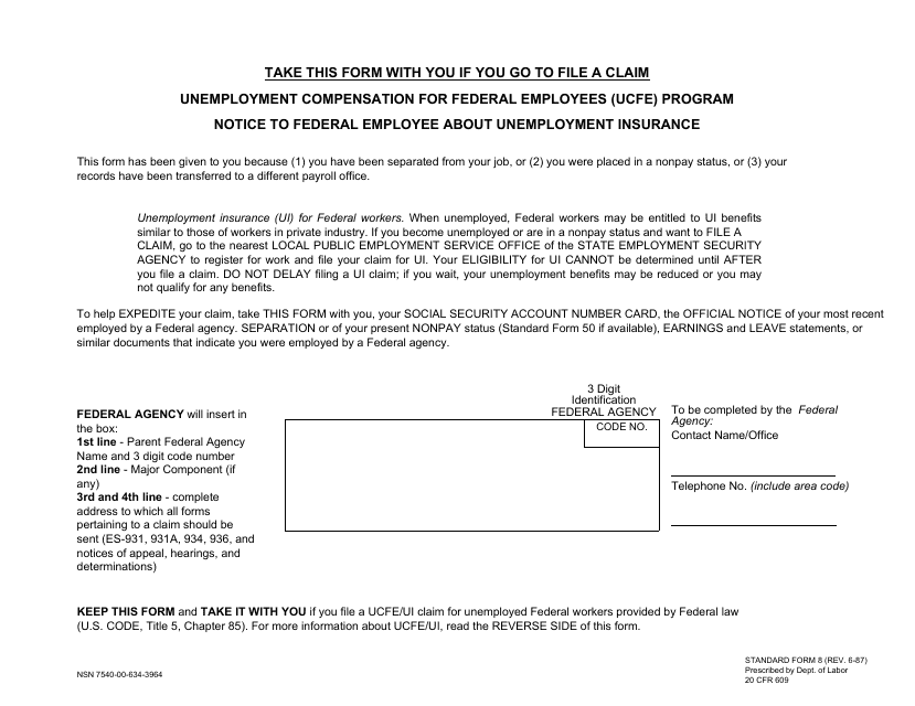 Form SF-8 Notice to Federal Employee About Unemployment Insurance - Unemployment Compensation for Federal Employees (Ucfe) Program