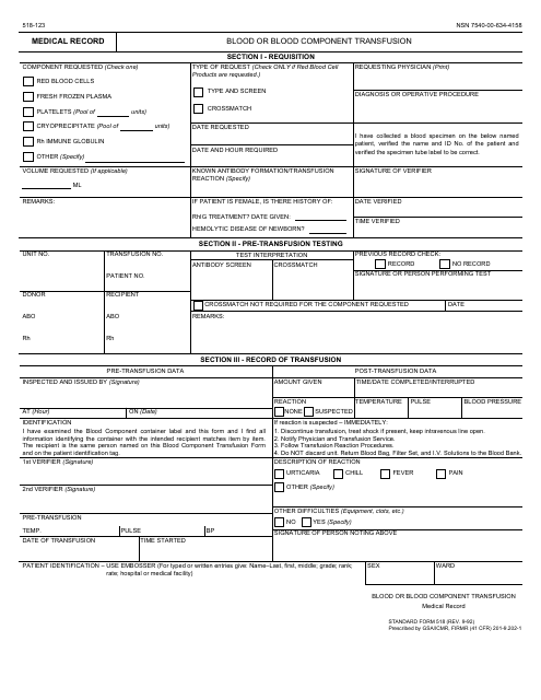 Form SF-518 Blood or Blood Component Transfusion