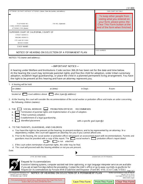 Form JV-300 Notice of Hearing on Selection of a Permanent Plan - California