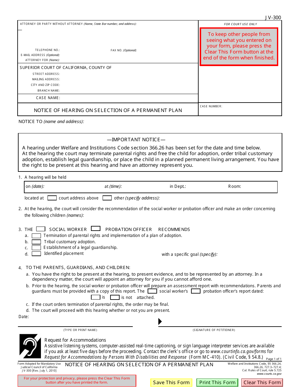 Form JV-300 Notice of Hearing on Selection of a Permanent Plan - California, Page 1