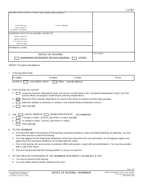 Form JV-281 Notice of Hearing - Nonminor - California