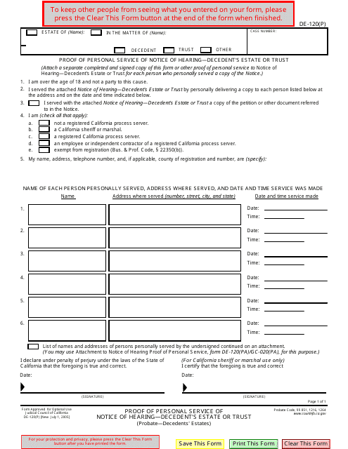 Form DE-120(P) Proof of Personal Service of Notice of Hearing - Decedent's Estate or Trust - California