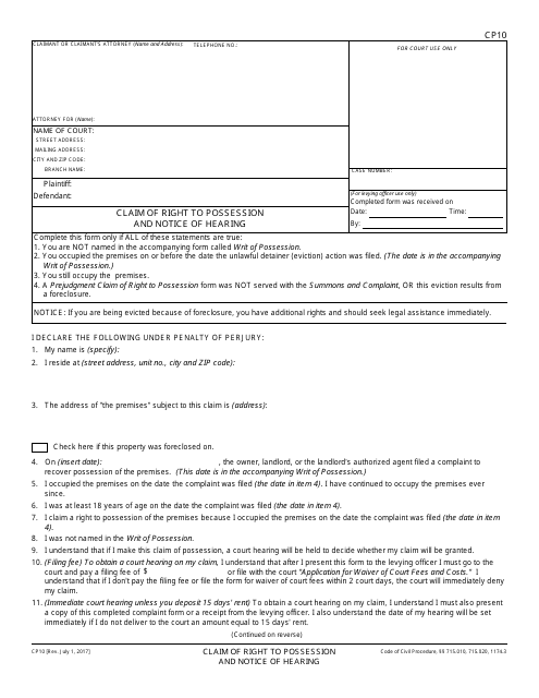 Form CP10 Claim of Right to Possession and Notice of Hearing - California