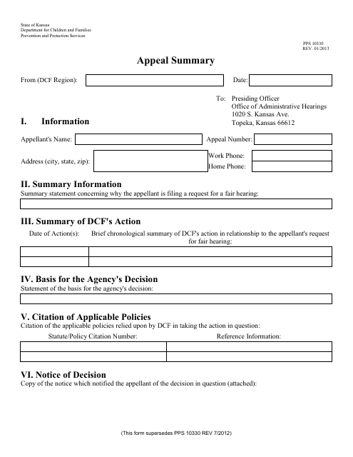 Form PPS10330 Appeal Summary - Kansas