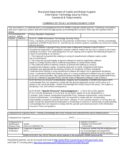 Form DHMH4518 Combined Oit Policy Acknowledgment Form - Maryland