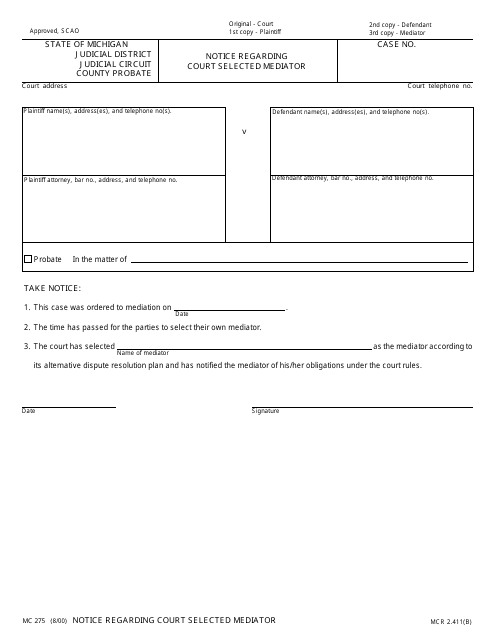 Form MC275 Notice Regarding Court Selected Mediator - Michigan