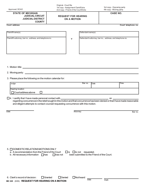 Form MC325 Request for Hearing on a Motion - Michigan