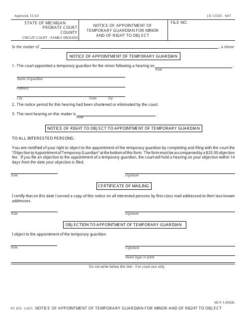 Form PC672 Notice of Appointment of Temporary Guardian for Minor and of Right to Object - Michigan