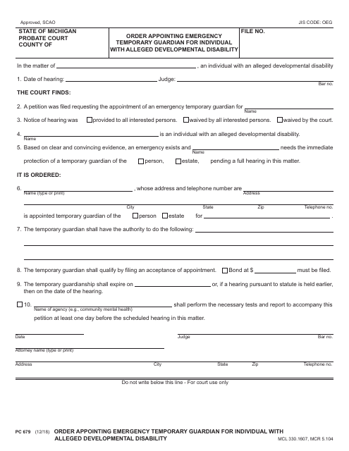 Form PC679 Order Appointing Emergency Temporary Guardian for Individual With Alleged Developmental Disability - Michigan