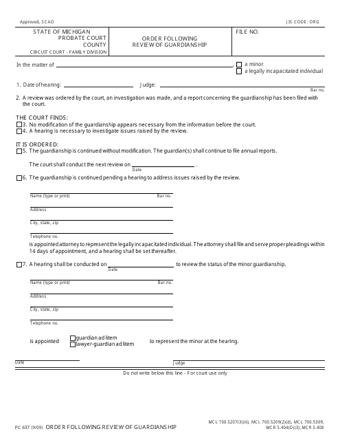 Form PC637 Order Following Review of Guardianship - Michigan