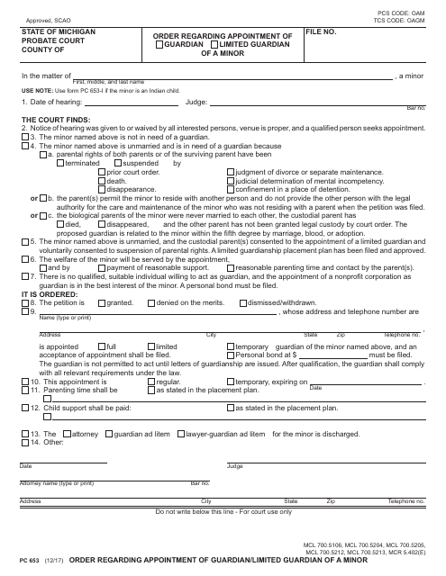 Form PC653 Order Regarding Appointment of Guardian/Limited Guardian of a Minor - Michigan