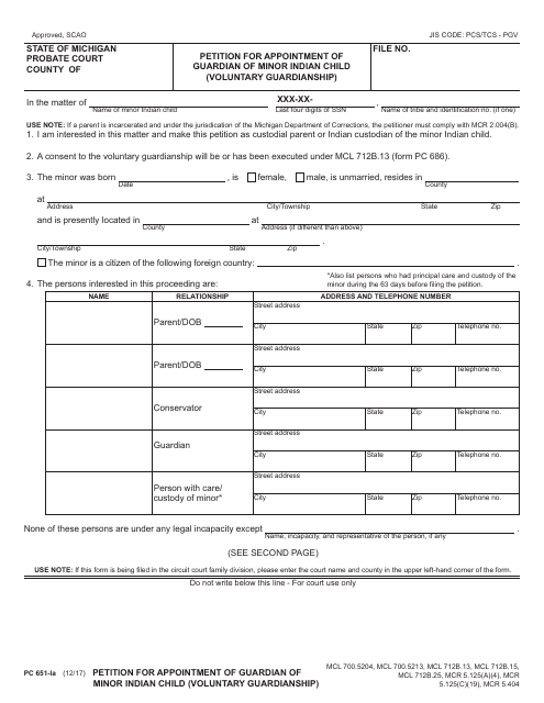 Form PC651-IA Petition for Appointment of Guardian of Minor Indian Child (Voluntary Guardianship) - Michigan