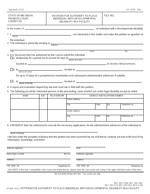 Form PC664 Petition for Authority to Place Individual With Developmental Disability in a Facility - Michigan