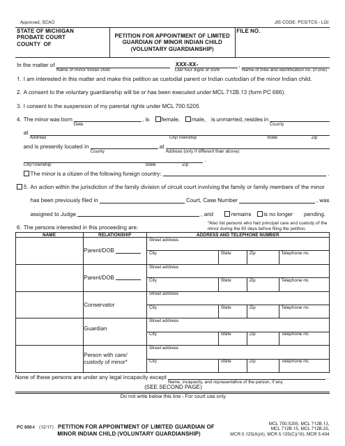 Form PC650-I Petition for Appointment of Limited Guardian of Minor Indian Child (Voluntary Guardianship) - Michigan