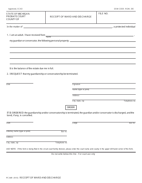 Form PC649 Receipt of Ward and Discharge - Michigan