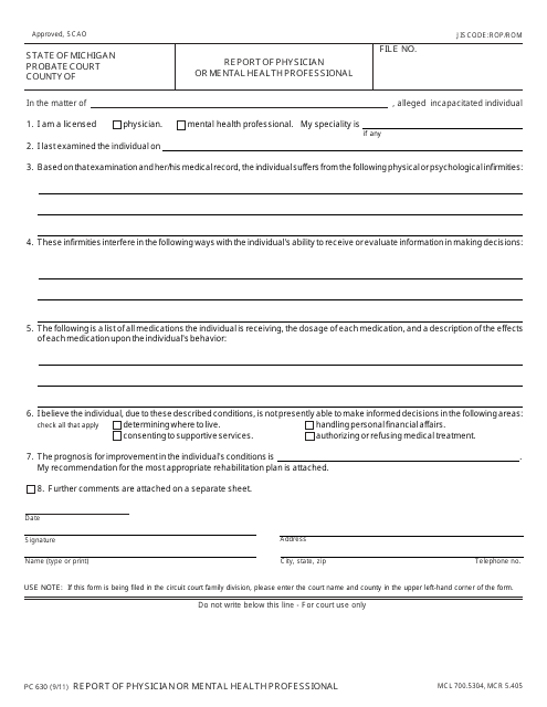 Form PC630 Report of Physician or Mental Health Professional - Michigan