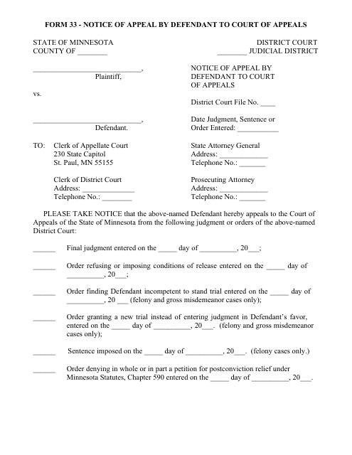 Form 33 Notice of Appeal by Defendant to Court of Appeals - Minnesota