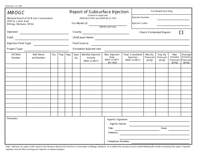 Form 5 Report of Subsurface Injection - Montana