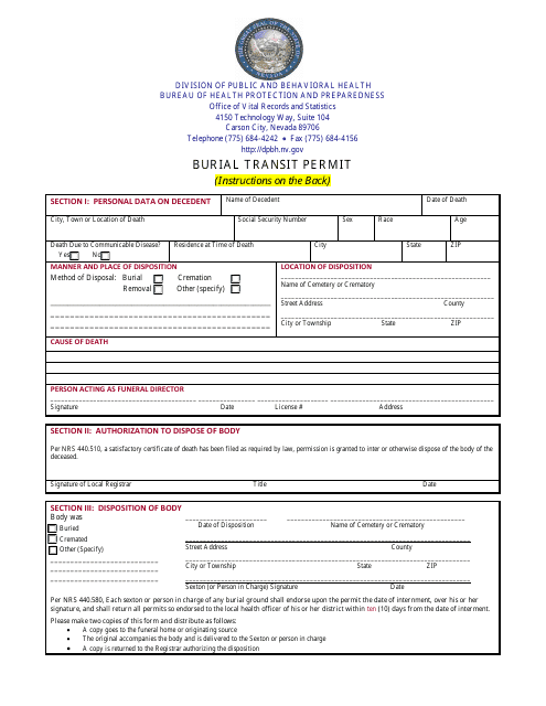 Burial Transit Permit Form - Nevada