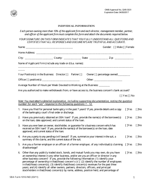 SBA Form 1010-IND 8(A) Business Development (BD) Program Application Individual Information