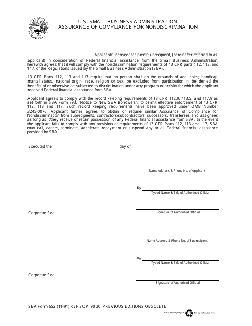 SBA Form 652 Assurance of Compliance for Nondiscrimination