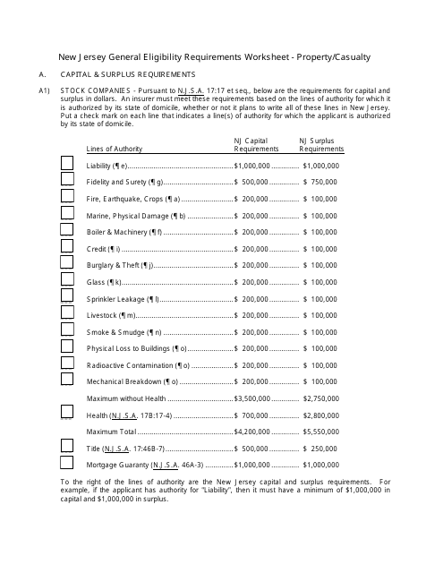 New Jersey General Eligibility Requirements Worksheet - Property/Casualty - New Jersey