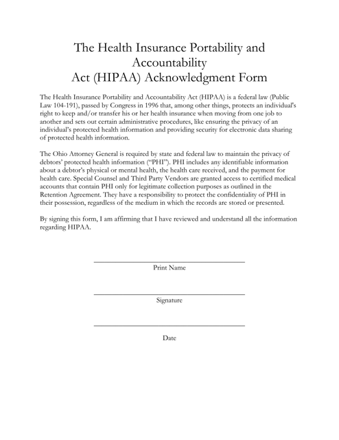 The Health Insurance Portability and Accountability Act (HIPAA) Acknowledgment Form - Ohio