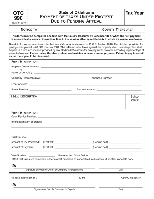 OTC Form OTC990 Payment of Taxes Under Protest Due to Pending Appeal - Oklahoma