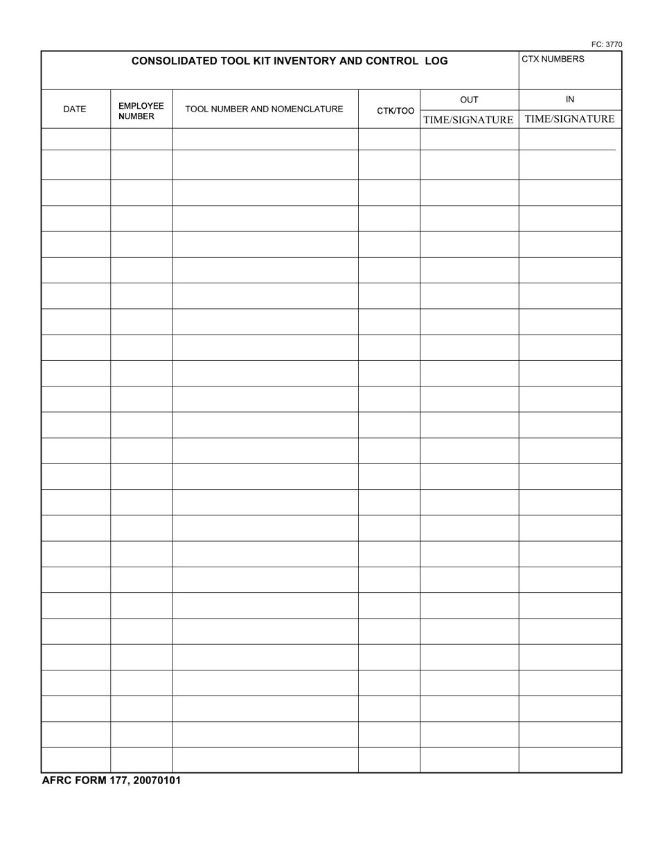 AFRC Form 177 Consolidates Tool Kit Inventory and Control Log, Page 1