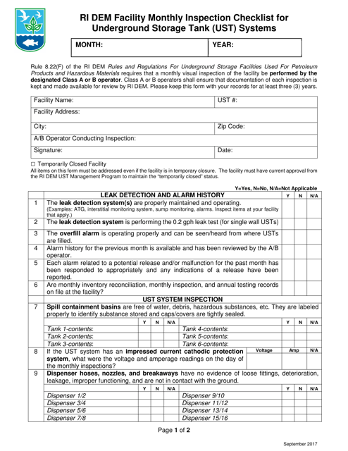 Ri Dem Facility Monthly Inspection Checklist for Underground Storage Tank (Ust) Systems - Rhode Island