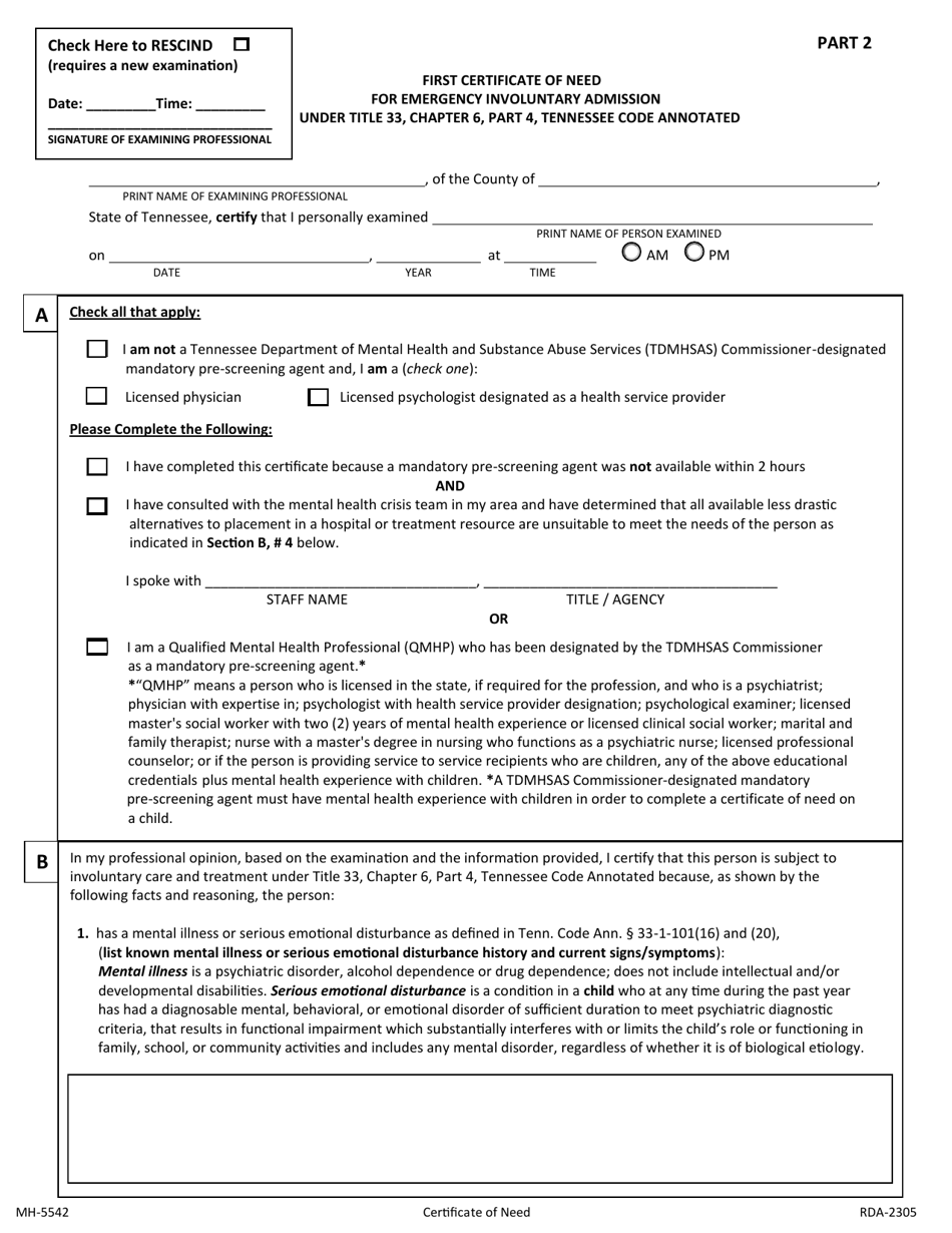 Form MH-5542 Download Fillable PDF or Fill Online Certificate of Need ...