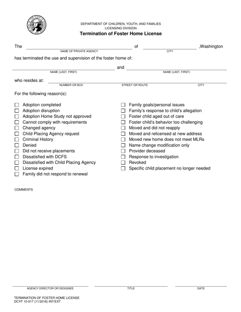 DCYF Form 10-017 Termination of Foster Home License - Washington