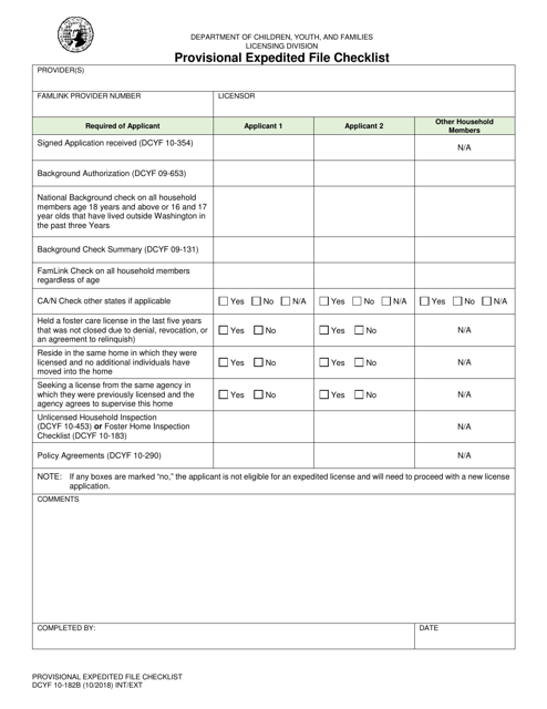 DCYF Form 10-182B Provisional Expedited File Checklist - Washington