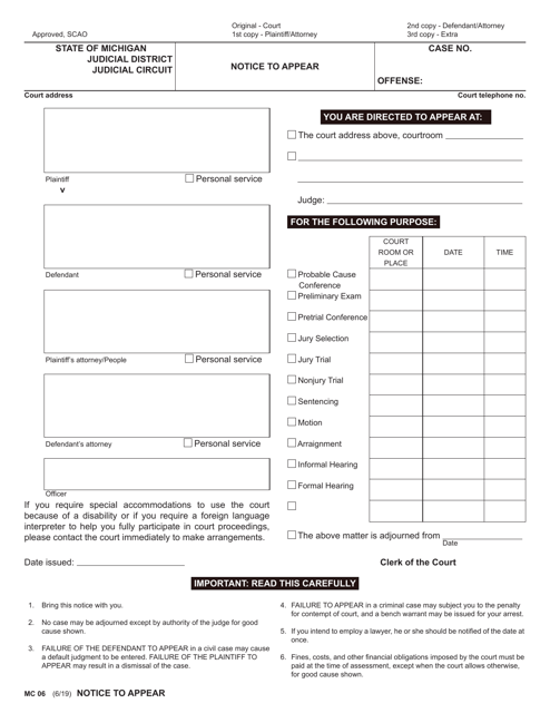 Form MC06 Notice to Appear - Michigan