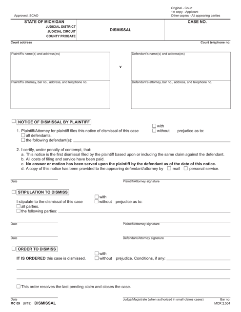 Form MC09 Dismissal - Michigan