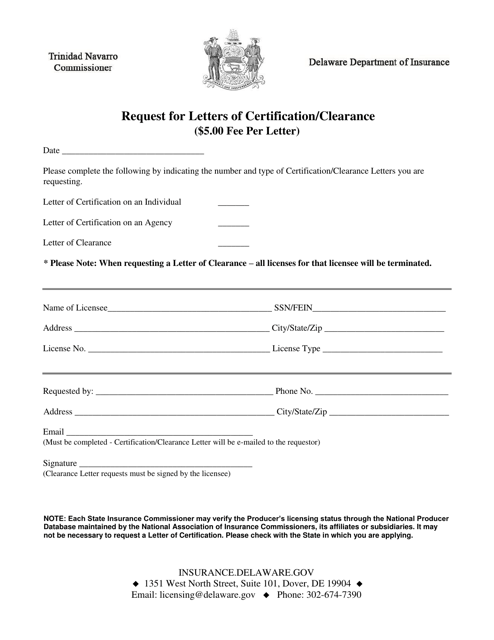 Delaware Request for Letters of Certification/Clearance - Fill Out ...