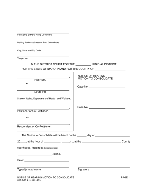 Form CAO GCS4-19 Notice of Hearing Motion to Consolidate - Idaho