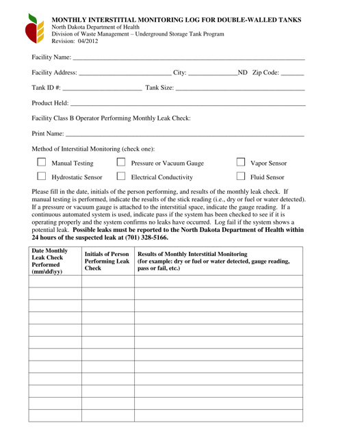 Monthly Interstitial Monitoring Log for Double-Walled Tanks - North Dakota