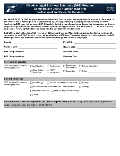 Form 2183 Dbe Program Commercially Useful Function (Cuf) for Professional and Scientific Services - Texas