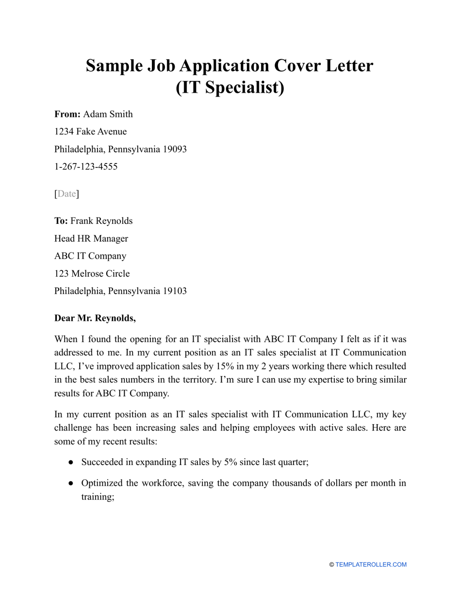 Sample Job Application Cover Letter (It Specialist) Download Printable ...