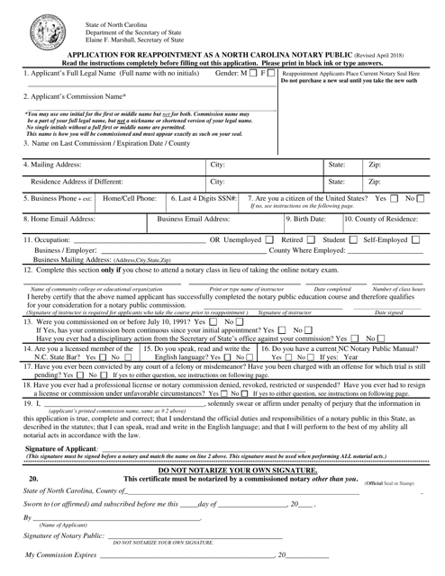 Application for Reappointment as a North Carolina Notary Public - North Carolina