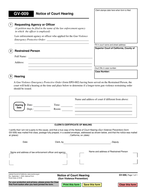 Form GV-009 Notice of Court Hearing - California