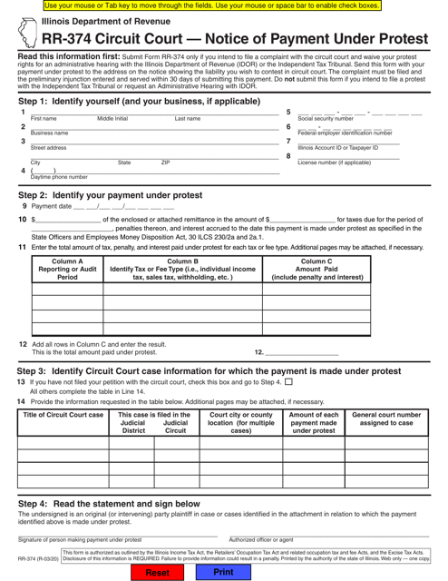 Form RR-374 Circuit Court - Notice of Payment Under Protest - Illinois